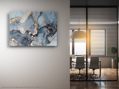 Glass Wall Art Gift, Housewarming italian art glass Tempered Glass Art Blue Gray Abstract Fluid Marble Glass Art Glass Printing